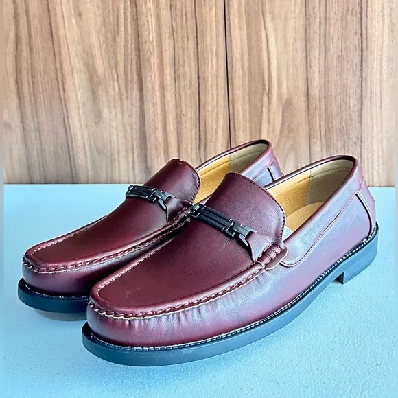 NWOT. Burgundy Leather Loafers with Moccasin Toe and Metal Bar Size 10.5
