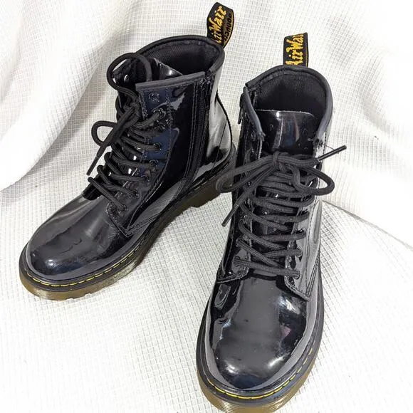 NWOT! DOC MARTENS! BLACK PATENT LEATHER RUBBER SOLE SIDE ZIP BOOTS! SZ W-5, M-4