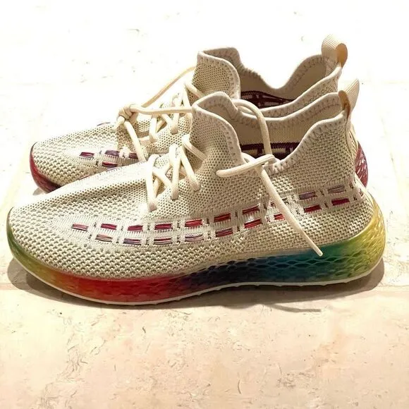 NWT Box Wanted 7 Ivory Rainbow Platform Soles Light-way Stretch Streak Sneakers