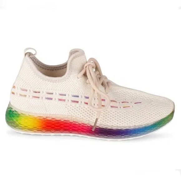 NWT Box Wanted 7 Ivory Rainbow Platform Soles Light-way Stretch Streak Sneakers