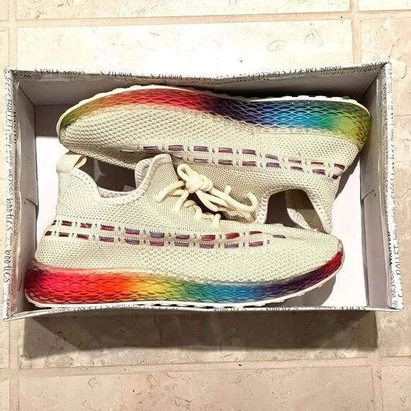 NWT Box Wanted 7 Ivory Rainbow Platform Soles Light-way Stretch Streak Sneakers