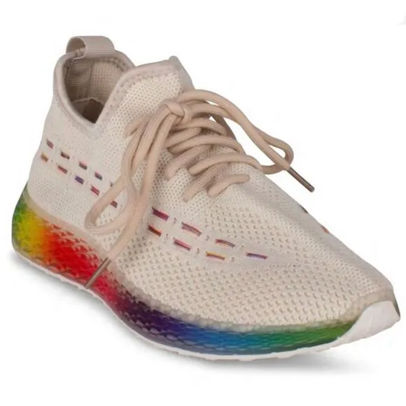 NWT Box Wanted 7 Ivory Rainbow Platform Soles Light-way Stretch Streak Sneakers