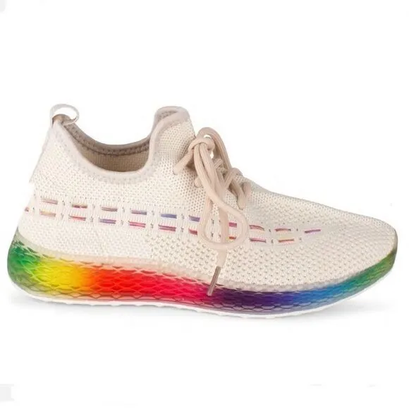 NWT Box Wanted 7 Ivory Rainbow Platform Soles Light-way Stretch Streak Sneakers