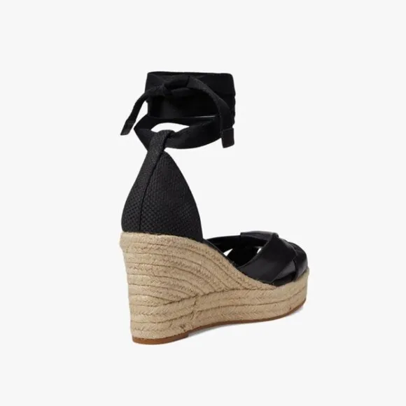 NWT Cole Haan Cloudfeel Hampton Black Leather Natural Canvas Wedge Sandals