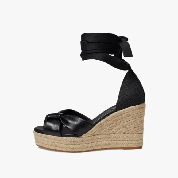 NWT Cole Haan Cloudfeel Hampton Black Leather Natural Canvas Wedge Sandals