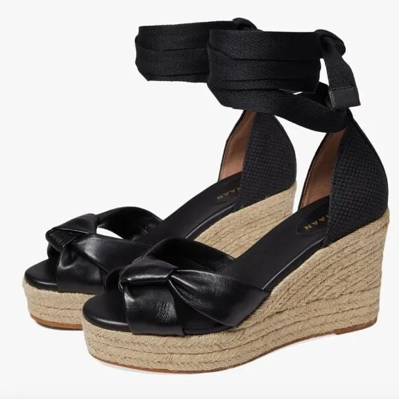 NWT Cole Haan Cloudfeel Hampton Black Leather Natural Canvas Wedge Sandals