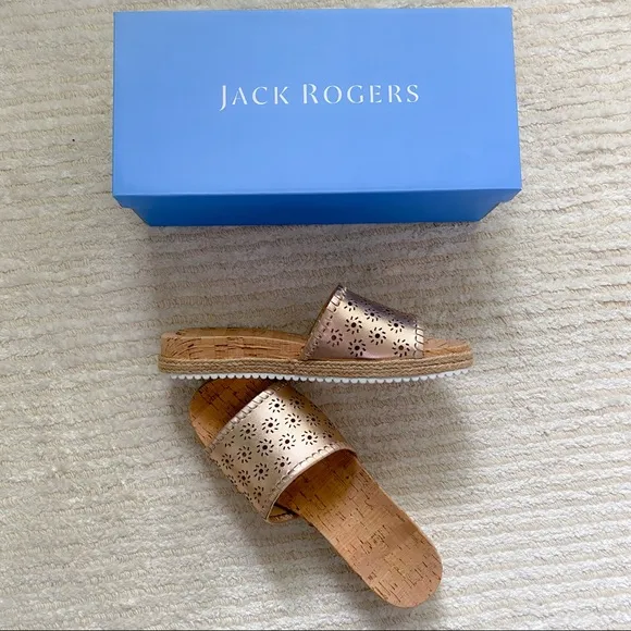 NWT Jack Rogers rose gold cork slides