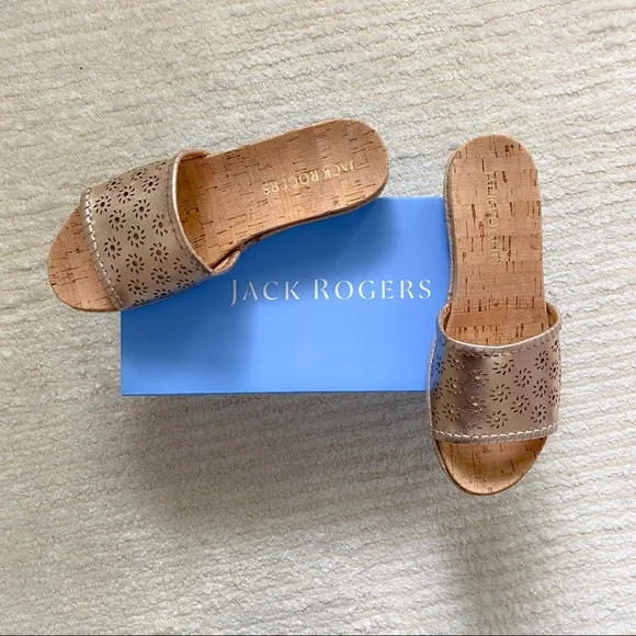 NWT Jack Rogers rose gold cork slides