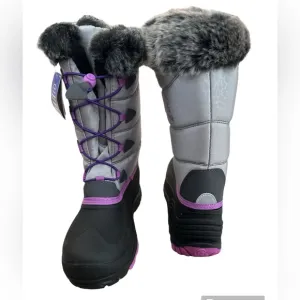 NWT Kamik Winter Boots Furry Top Gray Purple Waterproof Snow Big Kids sz 6 NEW