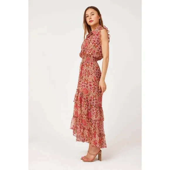 NWT MISA Editha Floral Print Ruffle Smoked Chiffon Midi Dress Size Large