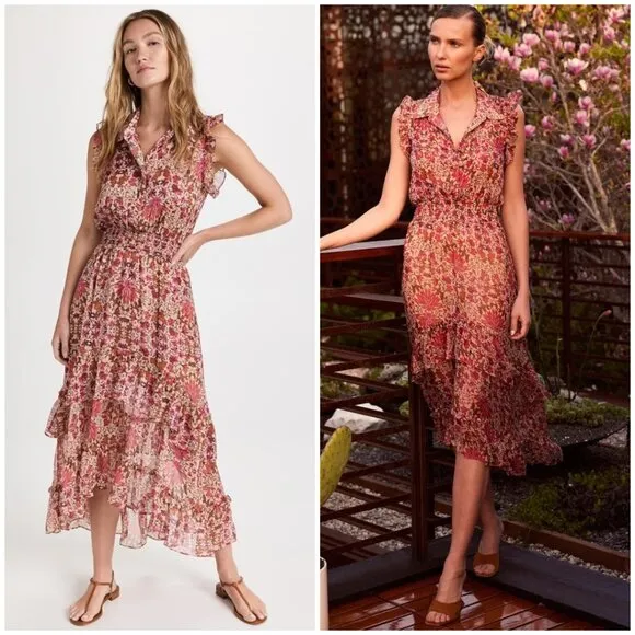 NWT MISA Editha Floral Print Ruffle Smoked Chiffon Midi Dress Size Large