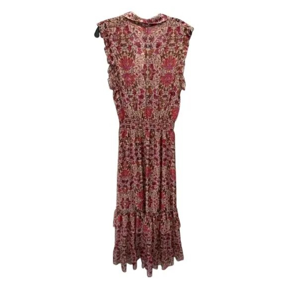 NWT MISA Editha Floral Print Ruffle Smoked Chiffon Midi Dress Size Large