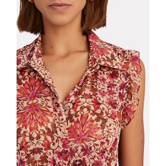 NWT MISA Editha Floral Print Ruffle Smoked Chiffon Midi Dress Size Large