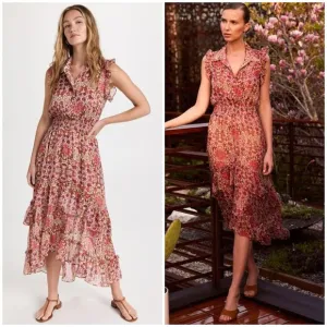 NWT MISA Editha Floral Print Ruffle Smoked Chiffon Midi Dress Size Large