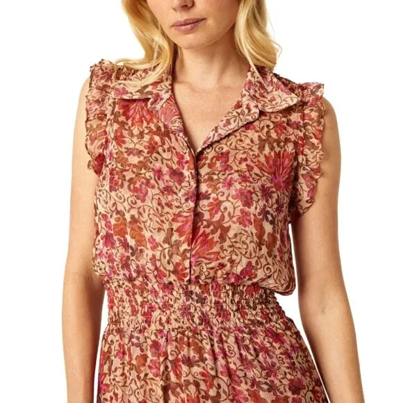 NWT MISA Editha Floral Print Ruffle Smoked Chiffon Midi Dress Size Large