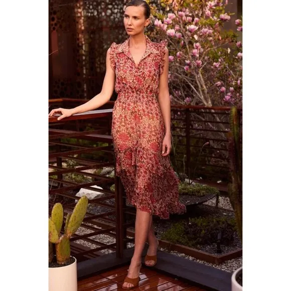NWT MISA Editha Floral Print Ruffle Smoked Chiffon Midi Dress Size Large
