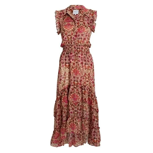 NWT MISA Editha Floral Print Ruffle Smoked Chiffon Midi Dress Size Large