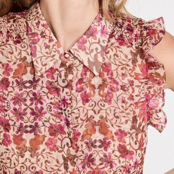 NWT MISA Editha Floral Print Ruffle Smoked Chiffon Midi Dress Size Large