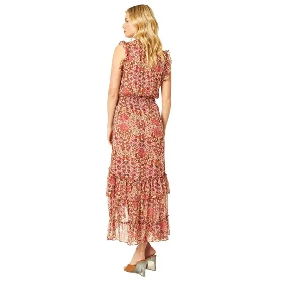 NWT MISA Editha Floral Print Ruffle Smoked Chiffon Midi Dress Size Large