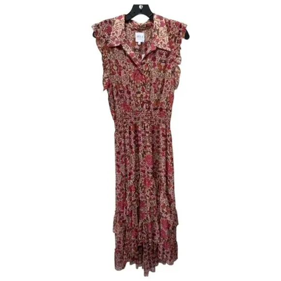 NWT MISA Editha Floral Print Ruffle Smoked Chiffon Midi Dress Size Large