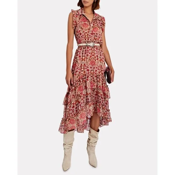 NWT MISA Editha Floral Print Ruffle Smoked Chiffon Midi Dress Size Large