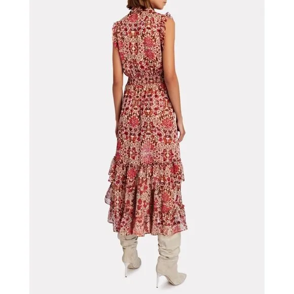 NWT MISA Editha Floral Print Ruffle Smoked Chiffon Midi Dress Size Large