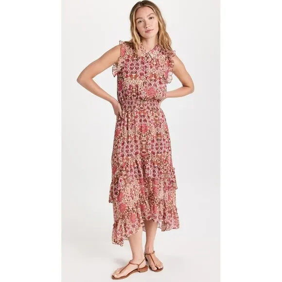 NWT MISA Editha Floral Print Ruffle Smoked Chiffon Midi Dress Size Large