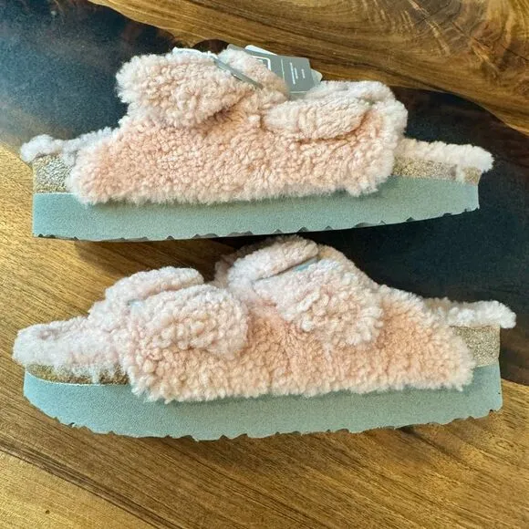 NWT Papillio Birkenstock Arizona Big Buckle Teddy Platform Crystal Rose Size 38