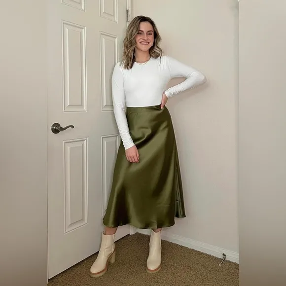 NWT Satin Skirts Casual Silk Midi Skirt High Waisted Long Skirts Zipper Elegant
