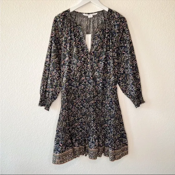 NWT Veronica Beard Karlina Floral Paisley Ruffle Long Sleeve Dress Navy