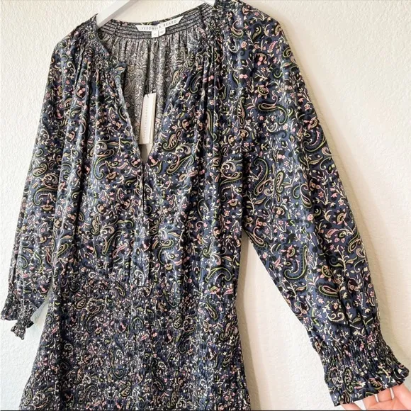 NWT Veronica Beard Karlina Floral Paisley Ruffle Long Sleeve Dress Navy