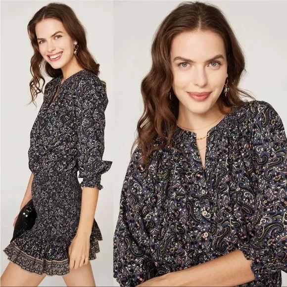 NWT Veronica Beard Karlina Floral Paisley Ruffle Long Sleeve Dress Navy