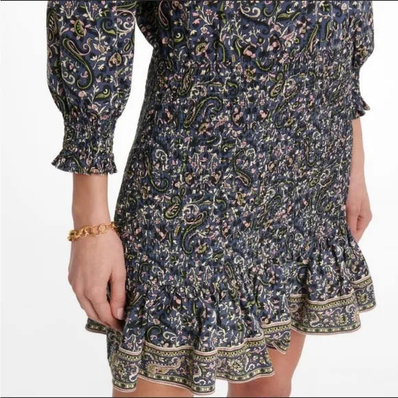 NWT Veronica Beard Karlina Floral Paisley Ruffle Long Sleeve Dress Navy