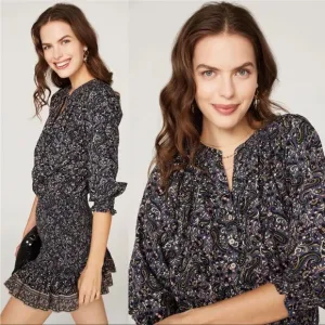 NWT Veronica Beard Karlina Floral Paisley Ruffle Long Sleeve Dress Navy