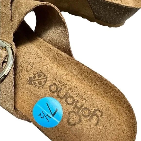 NWT Yokono tan sueded leather cross strap slide on cork wedge sandals size 7.5