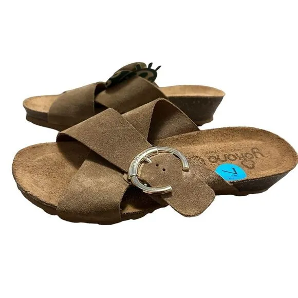 NWT Yokono tan sueded leather cross strap slide on cork wedge sandals size 7.5