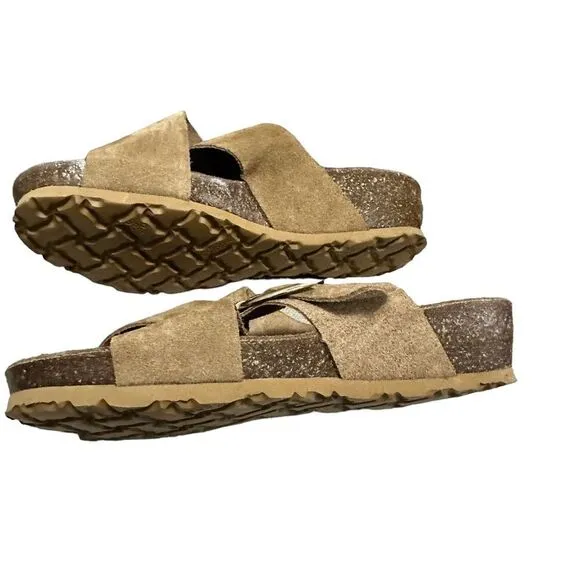 NWT Yokono tan sueded leather cross strap slide on cork wedge sandals size 7.5