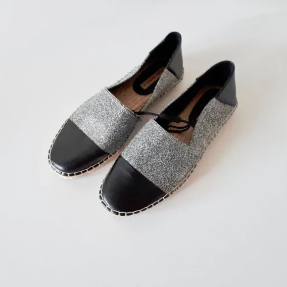 NWT Zara black faux leather &amp; grey glitter raffia espadrille flats, 9