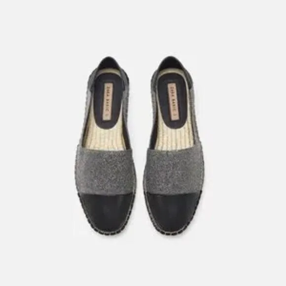 NWT Zara black faux leather &amp; grey glitter raffia espadrille flats, 9
