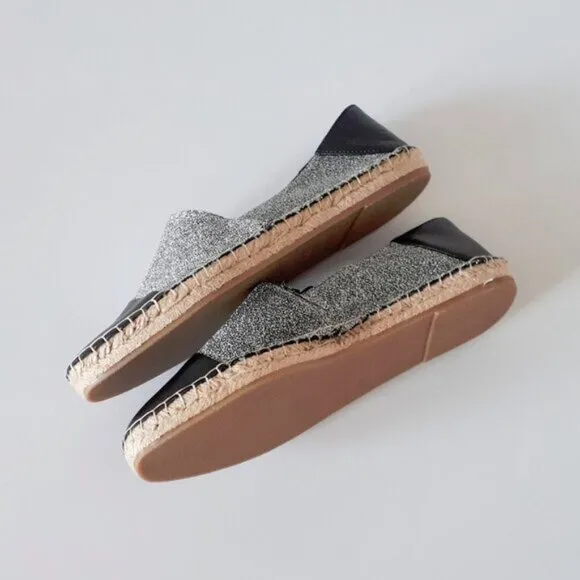 NWT Zara black faux leather &amp; grey glitter raffia espadrille flats, 9