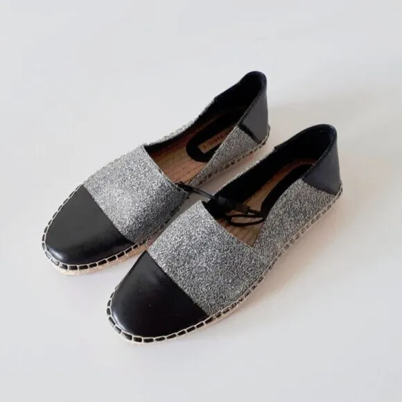 NWT Zara black faux leather &amp; grey glitter raffia espadrille flats, 9