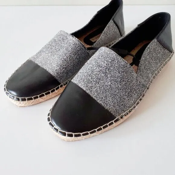 NWT Zara black faux leather &amp; grey glitter raffia espadrille flats, 9