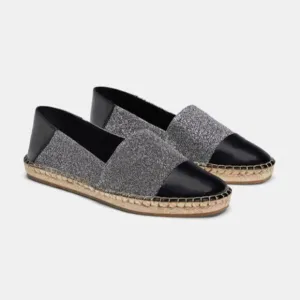 NWT Zara black faux leather &amp; grey glitter raffia espadrille flats, 9