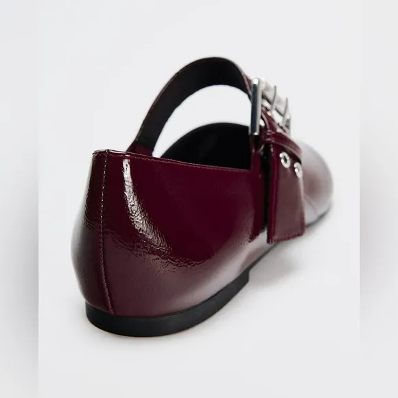 NWT. Zara Burgundy Red Buckle Mary Janes Ballet Flats. Size 9.
