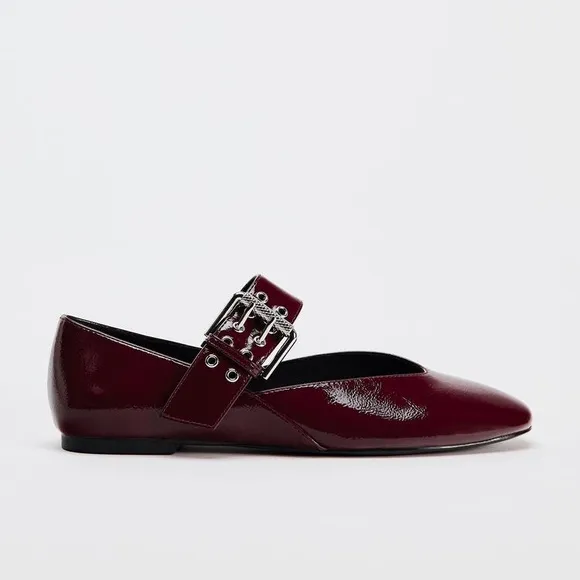 NWT. Zara Burgundy Red Buckle Mary Janes Ballet Flats. Size 9.