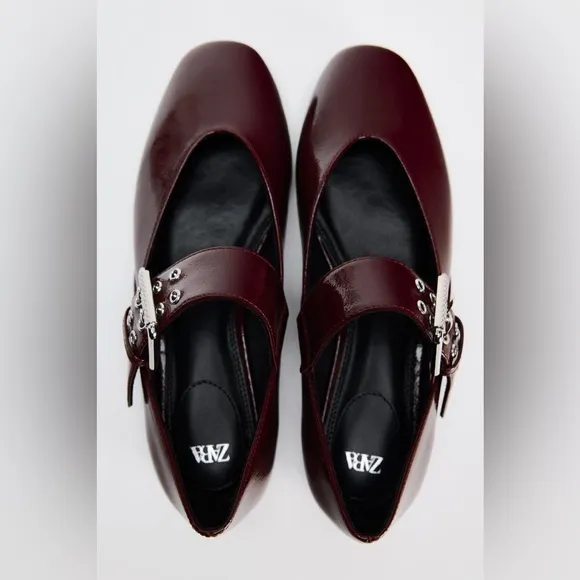 NWT. Zara Burgundy Red Buckle Mary Janes Ballet Flats. Size 9.