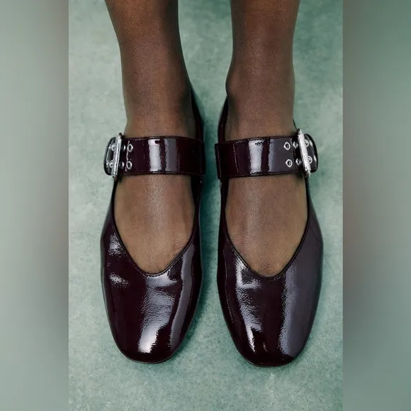 NWT. Zara Burgundy Red Buckle Mary Janes Ballet Flats. Size 9.