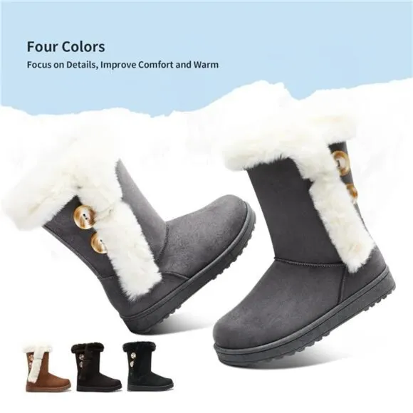 Obtaom Women’s winter snow boots Short Mid Calf fashion boot Art Resin button