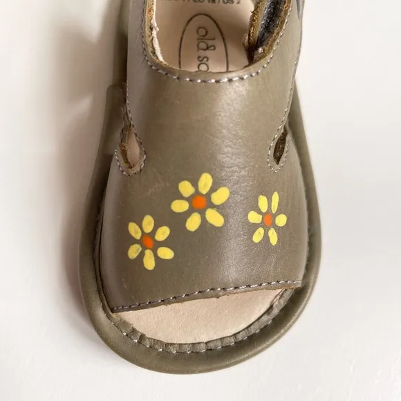 Old Sole’s Baby First Leather Sandals - Taupe with Painted Flower Detail - 3-6M