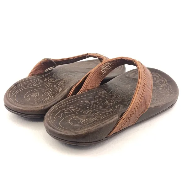 OluKai Hiapo Brown Leather Thong Sandals 7